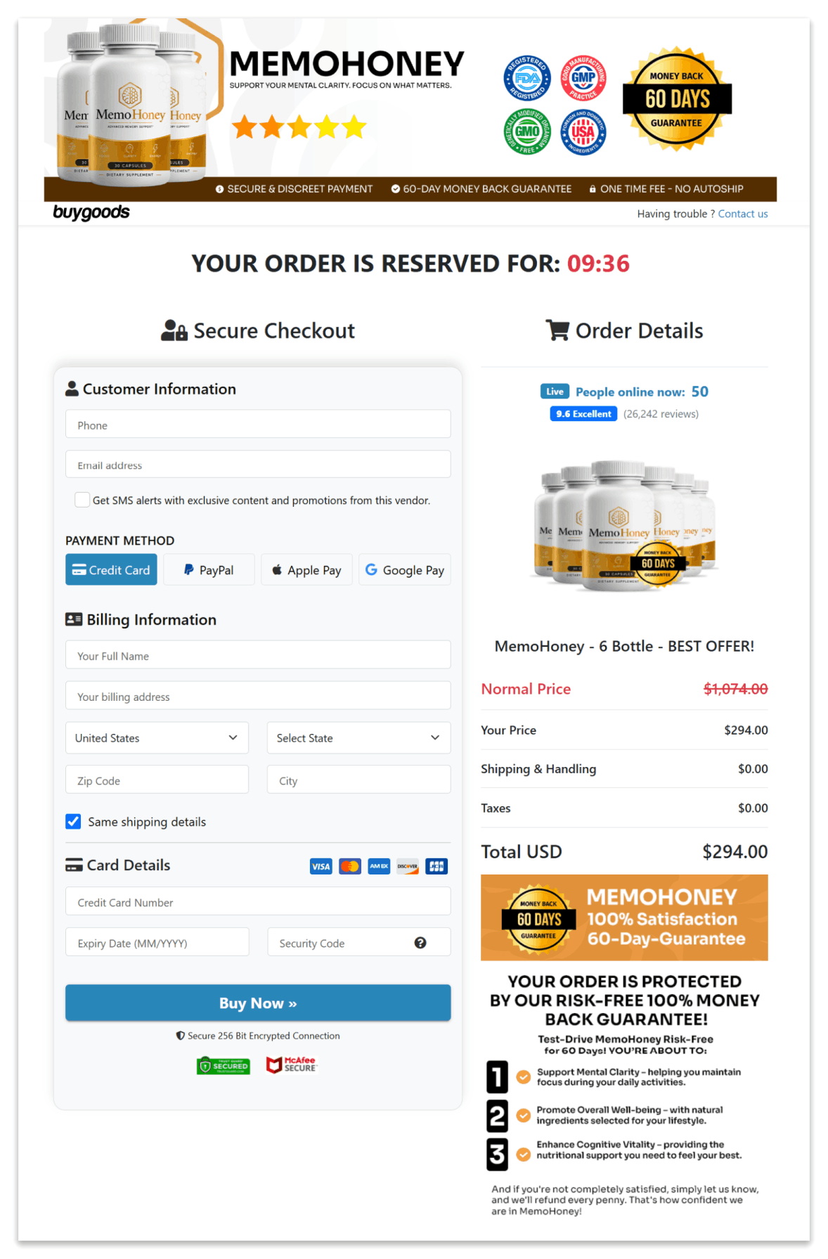 MemoHoney Memory Support Secure Checkout Page